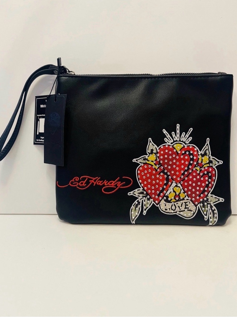 Ed Hardy Black Wristlet Three Triple Love Hearts Flower Leaves with Bling
